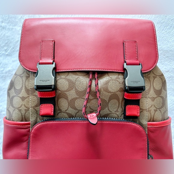 COACH TRACK COLORBLOCK SIGNATURE KHAKI CANVAS RED LEATHER LOGO STAMP BACKPACK - Picture 4 of 13